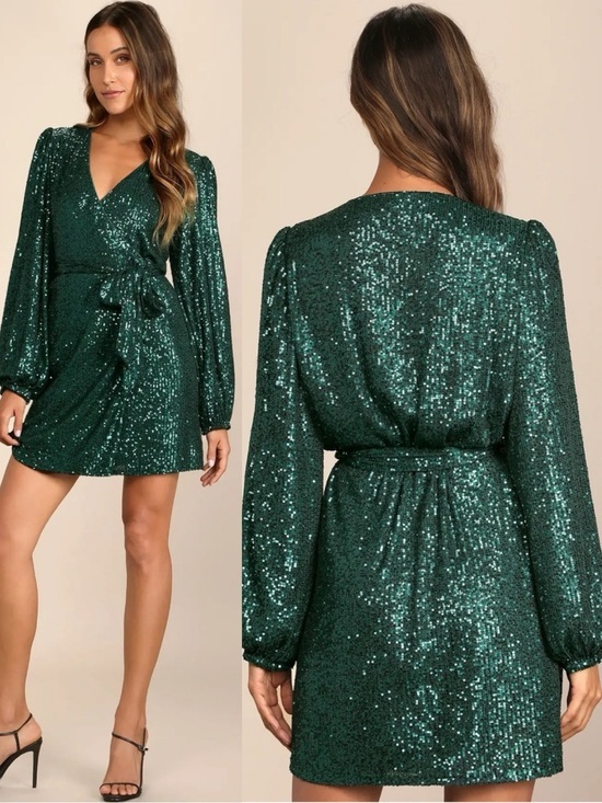 Lulus Dresses & Skirts - NWT Lulu’s Sparkly Darling Emerald Green Sequin Long Sleeve Wrap Mini Dress Chic